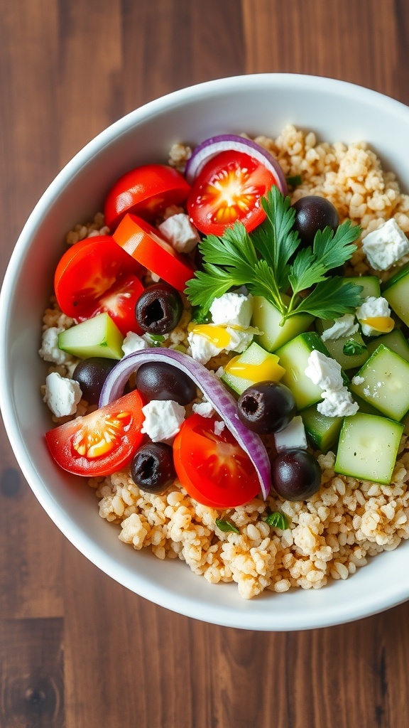 A colorful Mediterranean quinoa bowl with tomatoes, cucumber, olives, feta cheese, and parsley on a rustic table.